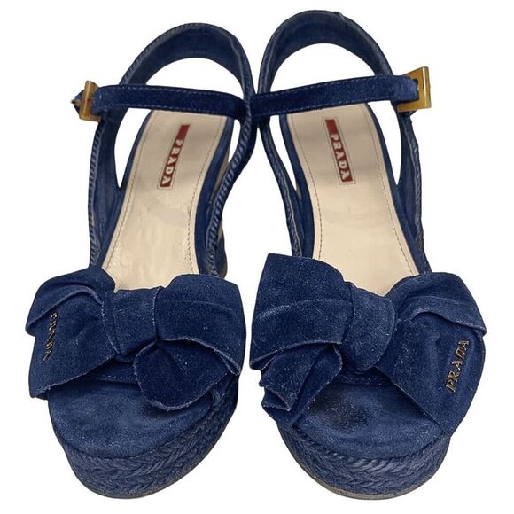 Prada Logo Blue Suede Bow Platform Espadrilles EU 37 Slingback Buckle Wedges - Picture 3 of 10
